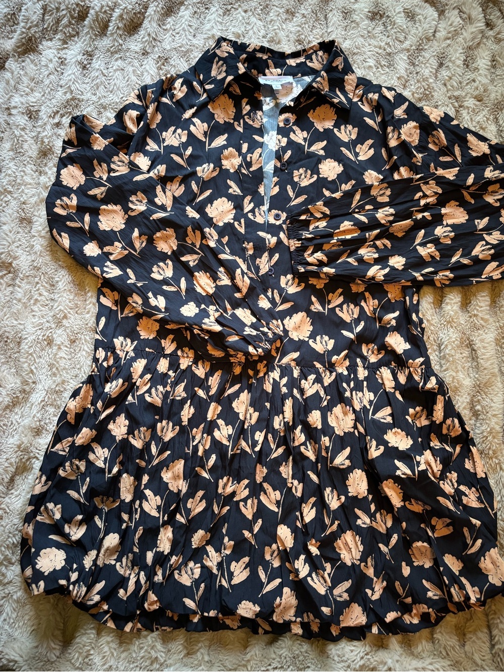 Button-Front Long Sleeve Floral Dress - Black with Beige Flowers